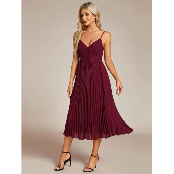 V-neck Empire Midi Burgundy Chiffon Stacked Pleating Backless Wedding Guest Dress Cocktail Dresses