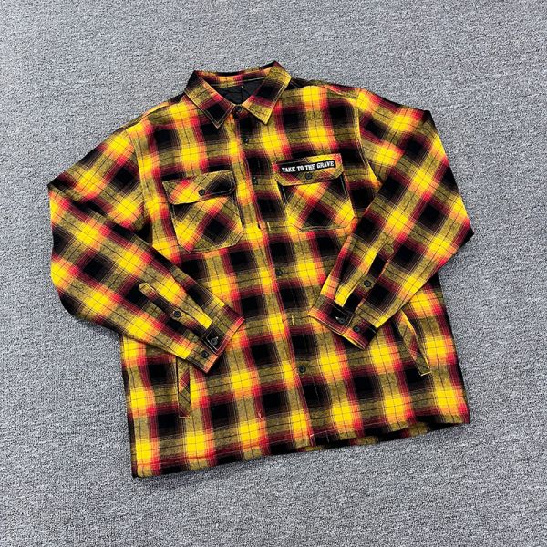 Custom Embroidery Patch Vintage Logo Men's Long Sleeve Plaid Button Up Shirt In Cotton Fabric With Customized Printing Label
