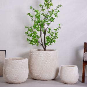 Quality Diagonal Lines Pattern Neutral Beige Round Fiber Clay Planter Weatherproof for sale