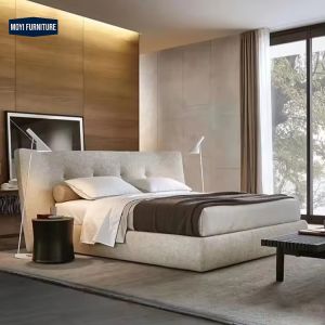 Modular queen size bed room furniture set featuring full upholstered linen frame