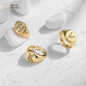 Adjustable Rhinestone Diamond Initial Ring , Chunky Zircon Gold Plated Letter