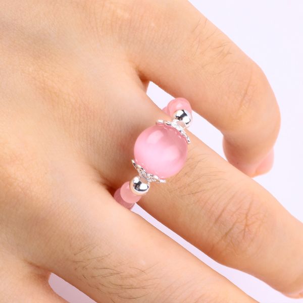 4mm Handmade Gemstone Beaded Ring Adjustable Elastic Pink Cat's Eye Stone Ring For Party Daily Wearing