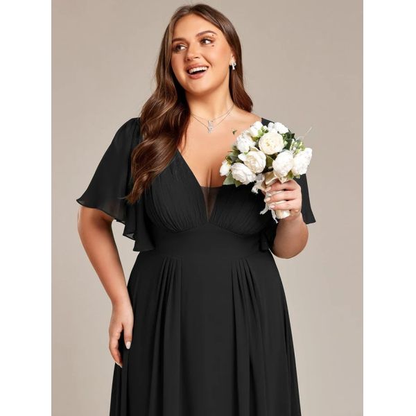 Simple V-neck Zipper Short Sleeves Empire Waist A-line Maxi Ruffled Black Chiffon Evening Dress