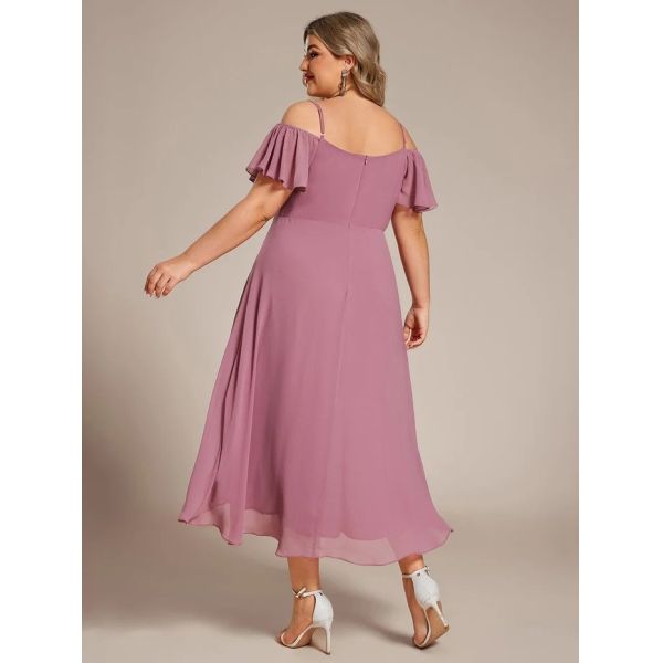 Empire Off-shoulder Spaghetti Strap Zipper High-low Wedding Guest Short Sleeves Purple Orchid Chiffon Homecoming Dress
