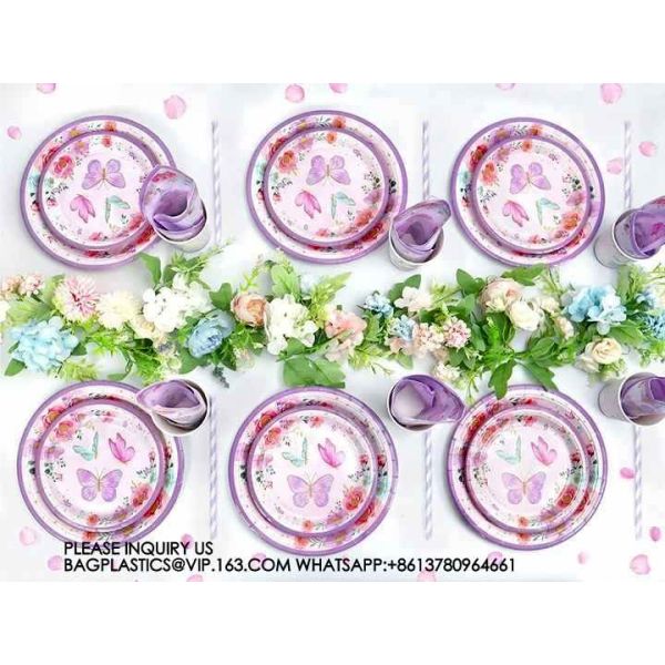 Birthday Party Decoration Festival Tableware Paper Plates Cups Purple Butterfly Party Supplies