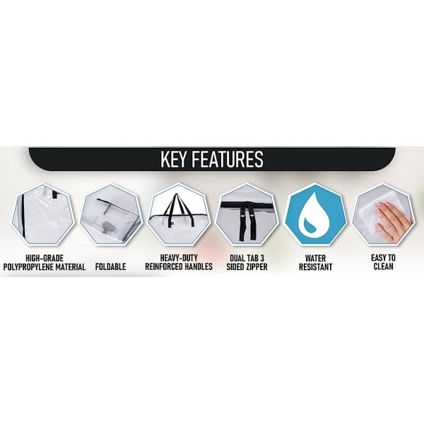 The key features of the extra-large clear storage bag - pp woven material, reinforced handles, etc.