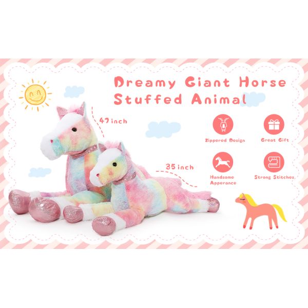 MorisMos 3ft Large Pink Cotton Stuffed Animal Plush Toy 35 Inch Big Rainbow Horse Pillow Soft Unisex PP Filling Kids Party Gifts