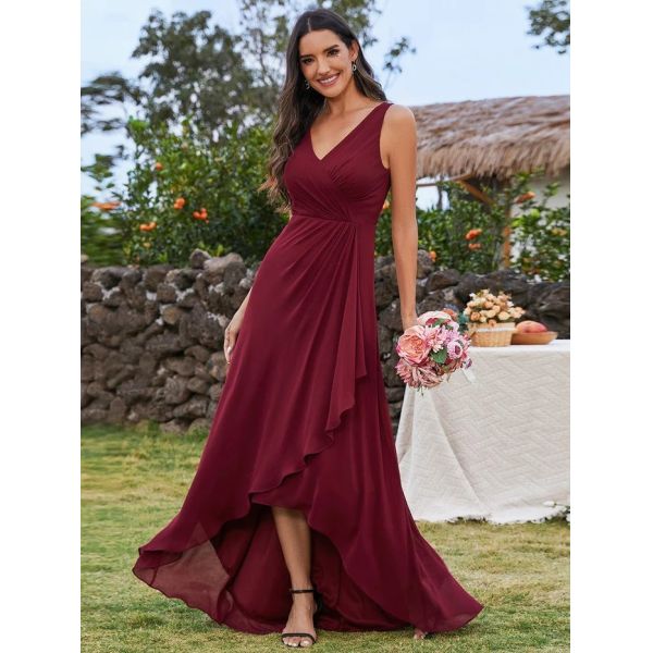 Unique High-low Ruffles V-neck Waist Pleating Two Straps Burgundy Chiffon Pleated Lotus Leaf Sleeveless Prom Dress