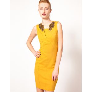 Quality Zipper Midi Evening Dresses , Yellow Slim Sleeveless Beaded Bodycon Dress for sale