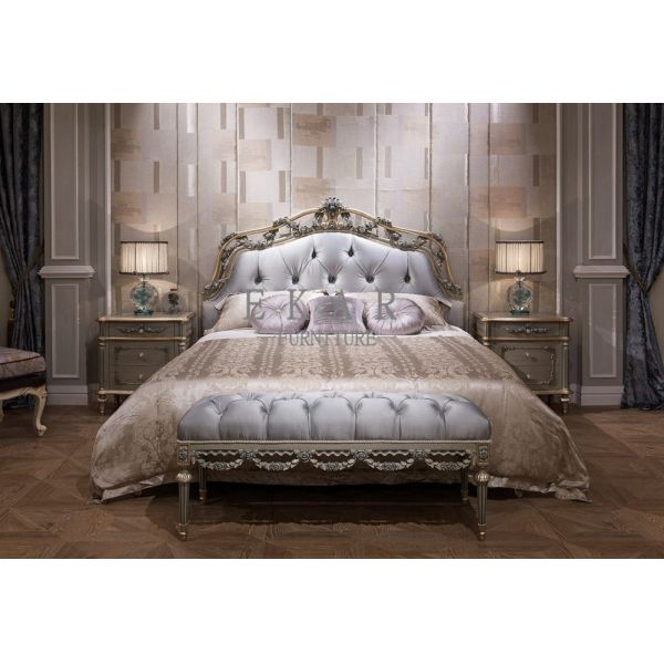 French Style Blue Fabric Leather Headboard Hand Carved Luxury Antique Bed