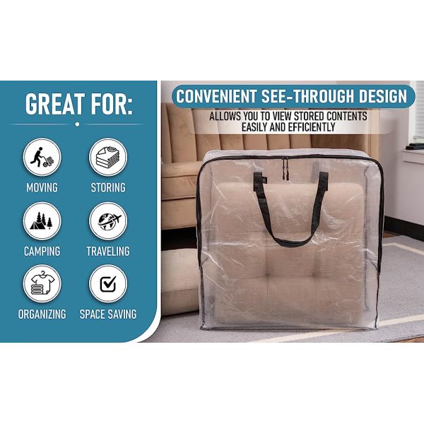Convenient see-through design. Visible large cushion inside the extra-large clear storage bag.
