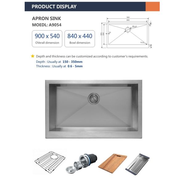 35 Inch Apron Stainless Steel Kitchen Sink Undermount Single Bowl 90x54