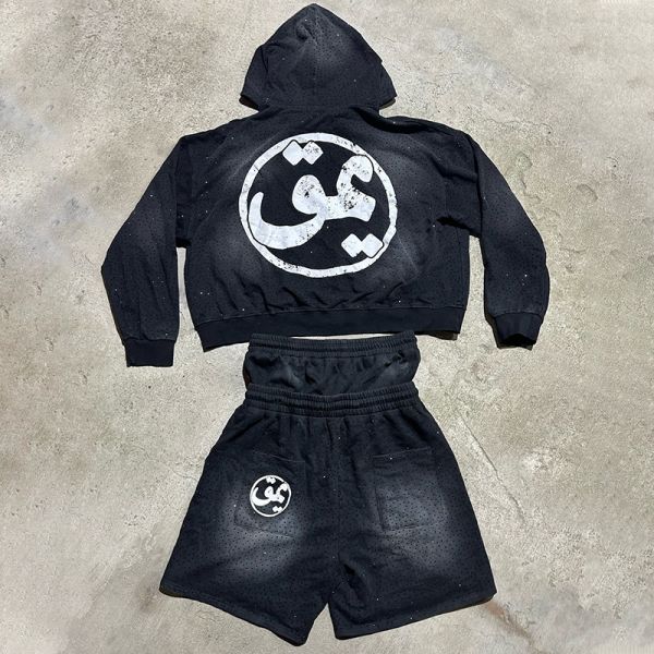 Custom Cotton Full Rhinestone Zip up Sun Faded Double Waisted Baggy Acid Wash Sweat Shorts Set Hoodie and Shorts Set for Men