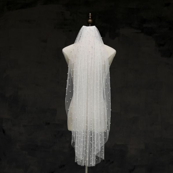 New Styles Customized Wholesale 0.9m*1.4m Beaded Tulle Bridal Wedding White Veil With Metal Hair Comb