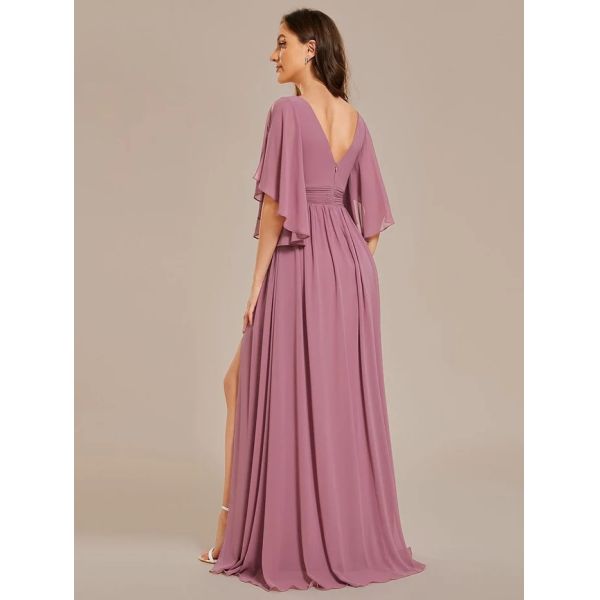 Plus Size A-line Half Sleeves V-neck Ruffled High Slit Purple Orchid Chiffon Evening Dress
