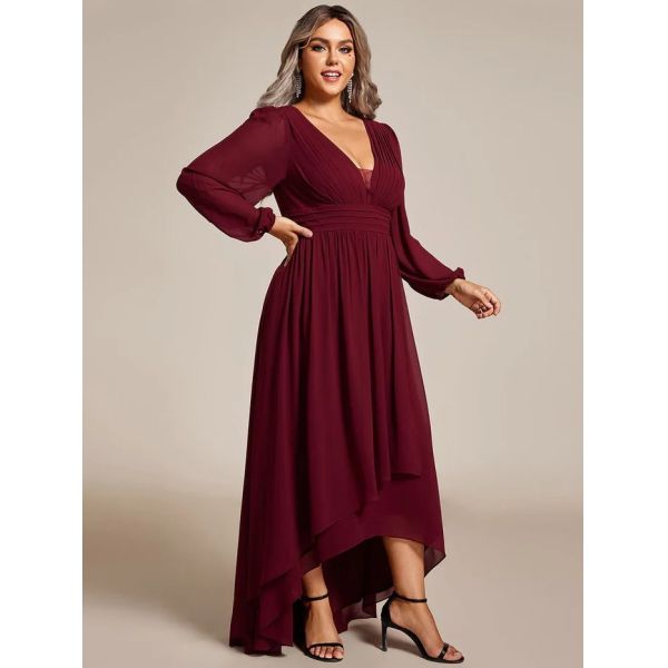 V-neck Plus Size Enchanting Lotus Leaf Lantern Sleeve Pleated Empire High Waist A-line Burgundy Chiffon Evening Dress