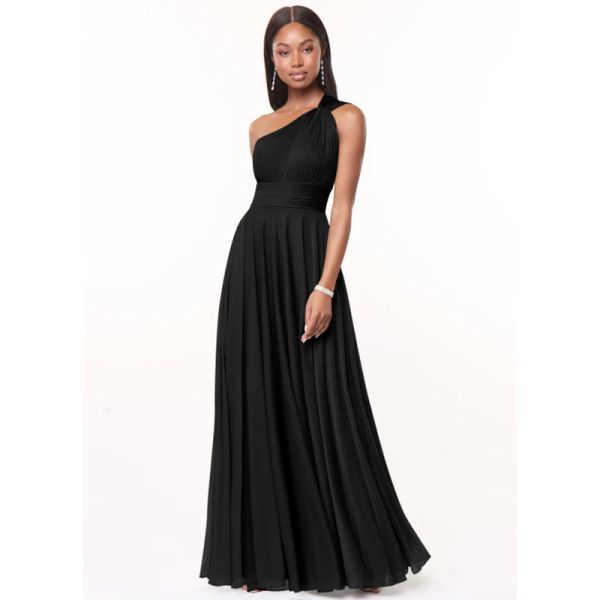Sexy Plus Size A-Line One-Shoulder Chiffon Floor-Length Bridesmaid Dress Black Sleeveless Back Zipper Pleated