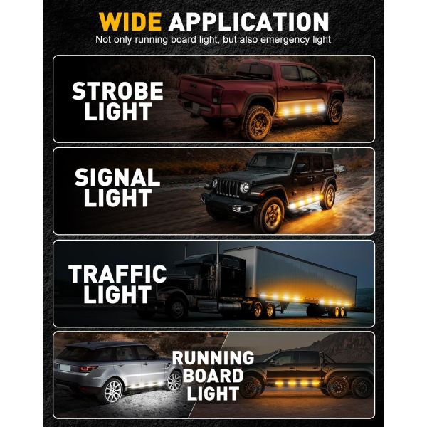 Emergency Strobe Light Strips Running Board Safety Warning Flashing Light Amber White Flexible Hazard Light for Trucks