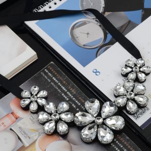 Sensational Crystal Flower Necklace / Black Statement Necklace Crystal Beading