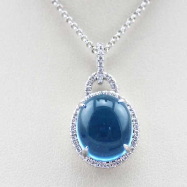 925 Sterling Silver 12x14mm Dome Blue Topaz CZ Diamonds Pendant and Silver Chain Necklace (PSJ0361)