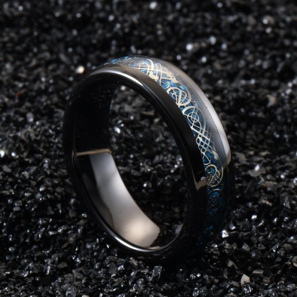 Dome Black Ceramic Wedding Band 6mm Blue Carbon Fiber And Dragon Inlayed Polished