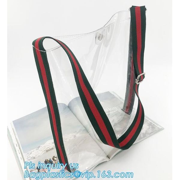 PVC Tote Shoulder Bag Gym Travel Beach shopping bags, Made in China transparent PVC shoulder bag clutch bag, packaging