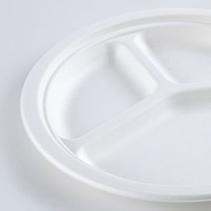 3 parts Round White Dessert Sugarcane Biodegradable sugarcane Disposable Plate