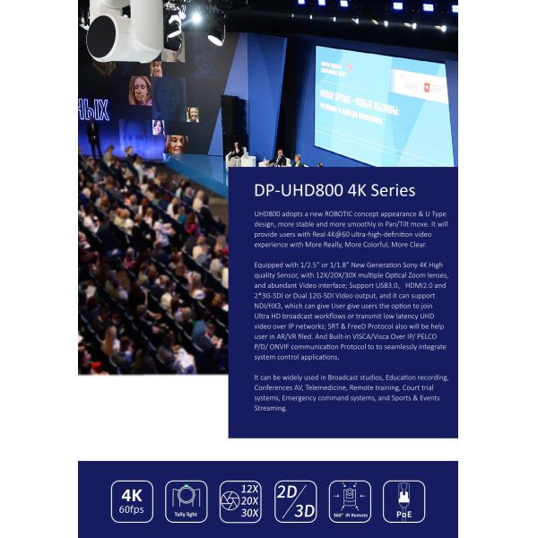 Video Output DP-UHD800 4K60 UHD NDI HX3 PoE HD-MI Dual 3G-SDI 12G-SDI IP PTZ Camera