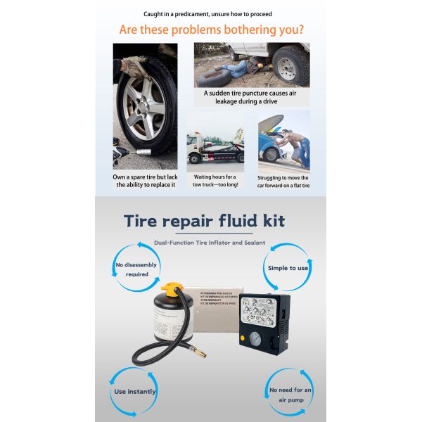 All Models Emergency Tire Repair Kit with Simple Operation Combines Repair and Inflation in One Fast Electric Tool
