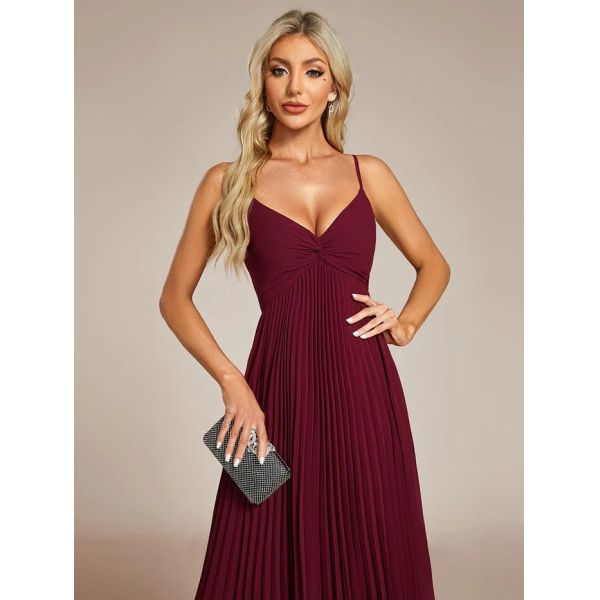 V-neck Empire Midi Burgundy Chiffon Stacked Pleating Backless Wedding Guest Dress Cocktail Dresses