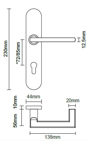SIZE of Satin PVD Titanium flat stainless steel door handles on backplate