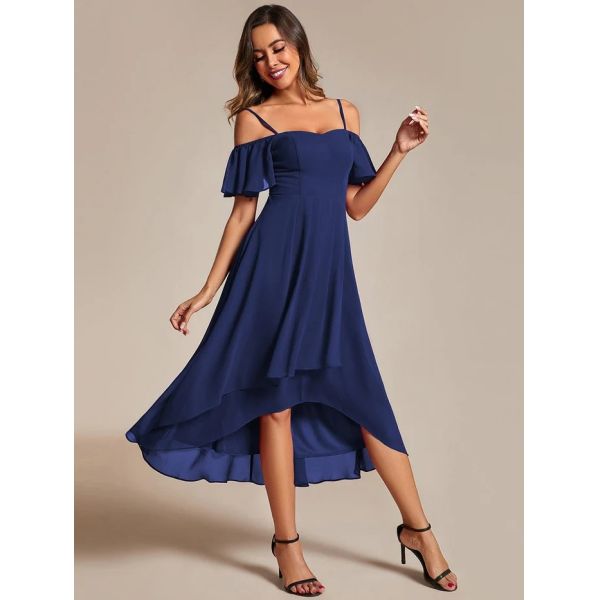 Empire Off-shoulder Spaghetti Strap Zipper High-low Wedding Guest Dresses Short Sleeves Navy Blue Chiffon Party Dress