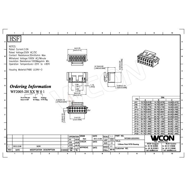 2.0mm Wire To Board Connector Wafer Housing Dual Row PA66 white UL94V-0