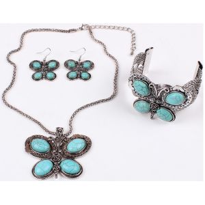 China Turquoise jewelry set fashion personality three butterfly earrings necklaces bracelets on sale