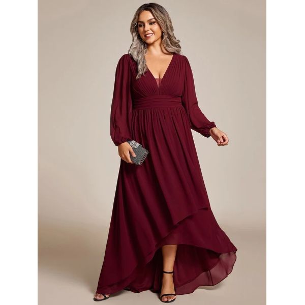 Plus Size Enchanting Lotus Leaf Lantern Sleeve Pleated Empire High Waist A-line Purple Orchid Chiffon Homecoming Dress