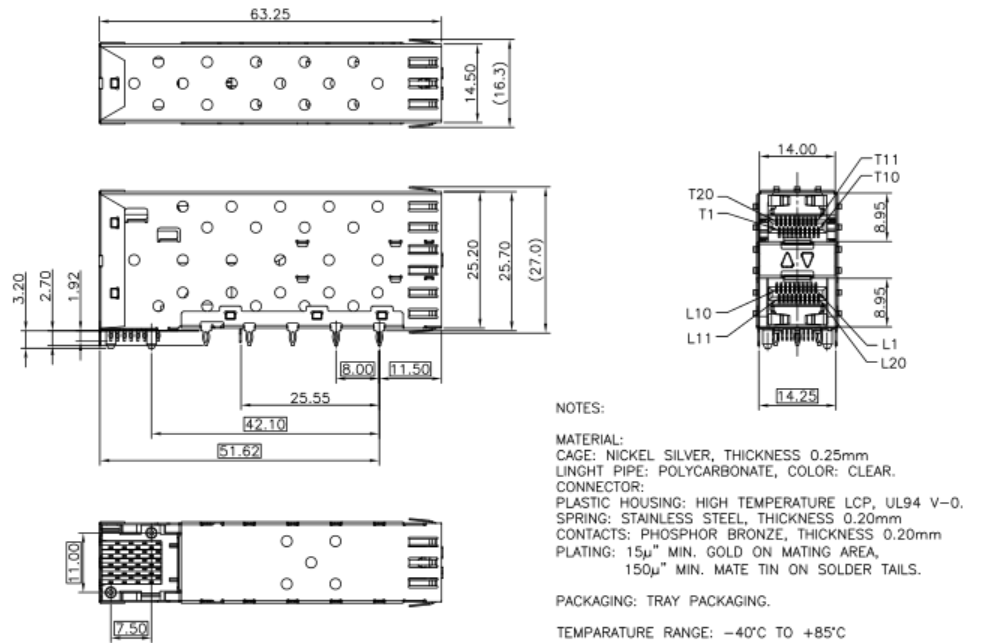 0.25mm Thickness SFP Cage Connector 2 * 1 Ports With EMI Spring Press - Fit