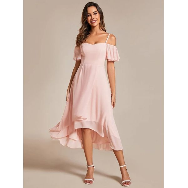 Empire Off-shoulder Spaghetti Strap Zipper High-low Wedding Guest Dresses Short Sleeves Pink Chiffon Bridesmaid Dress