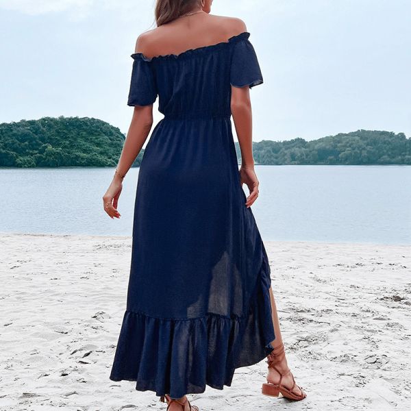 2023 Summer New Europe and The United States Cross-Border Women′s Solid Color off-Shoulder Irregular Dress