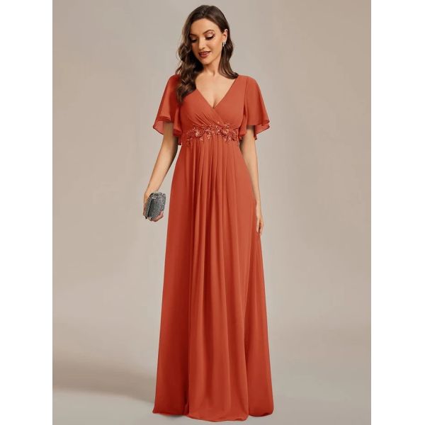 Sexy Empire Applique A-line Short Flutter Sleeves V-neck Invisible Zipper Burnt Orange Chiffon Evening Dress