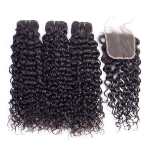 No Chemical Water Wave Bundles With Closure 100% Remy Indian Human Hair