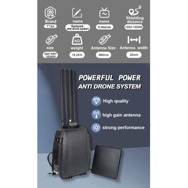 Portable Macpack Anti Drone Systems 8 Bands 320W 2.4G 5.8G 1.5G 900M 5.2G Military RF Jammer UAV Defense System