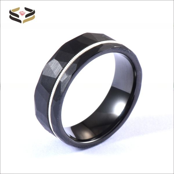 Mens Fashion Black Faceted Finish Hammered Tungsten Wedding Band With White Guitar String Inlay Comfort Fit Invisible Setting