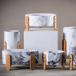 Marble Pots Concrete Planters with Bamboo Stands Tabletop Plant Pots Succulents