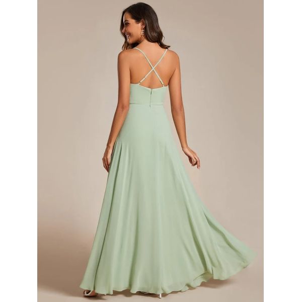 Boat Neck Empire A-line Ruffled Adjustable Spaghetti Strap Zipper Mint Green Chiffon Evening Dress