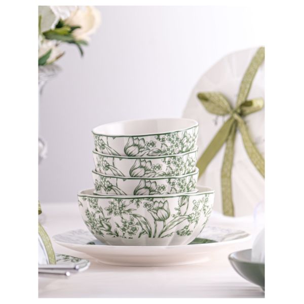 Green Floral Ceramic Plates Sets For 6 Users Exquisite Porcelain Utensils Included