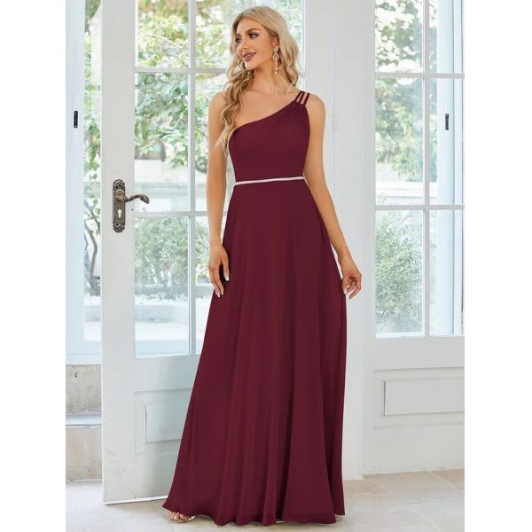 Asymmetry Custom Size Spaghetti Strap One-shoulder A-line Burgundy Flowy Chiffon Evening Dress