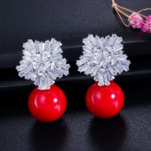 Women's Jewelry Set Wedding Party Water drop Red CZ Crystal Necklace Earrings