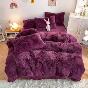 200TC Thread Count Purple Color Luxury Shaggy Warm Mink Velvet Bedding Set for