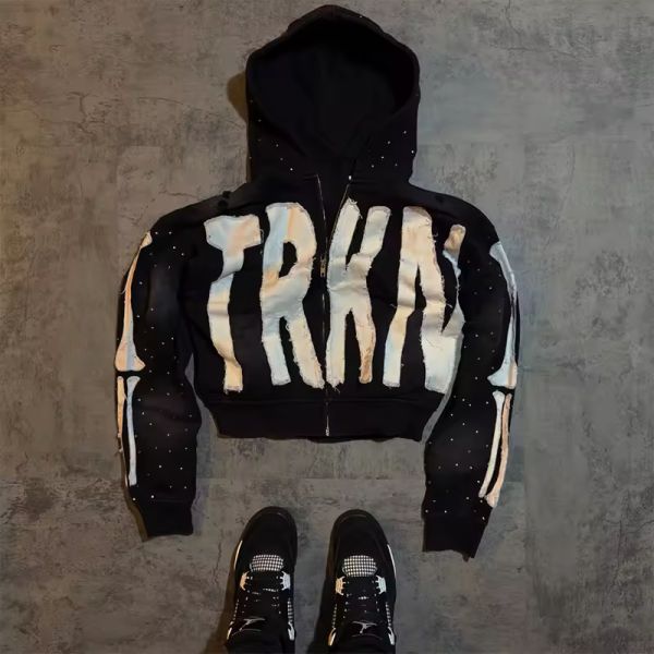 Custom logo Applique Embroidery Cropped Hoodies Black Rhinestone Printing Hoodies for Men Zip up French Terry Ribbed Hem Hoodies