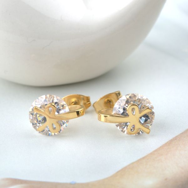 Stainless Steel Jewelry Bowknot earrings, Diamond Stud Earrings with gold color, Sweet Girls Fashion Jewelry
